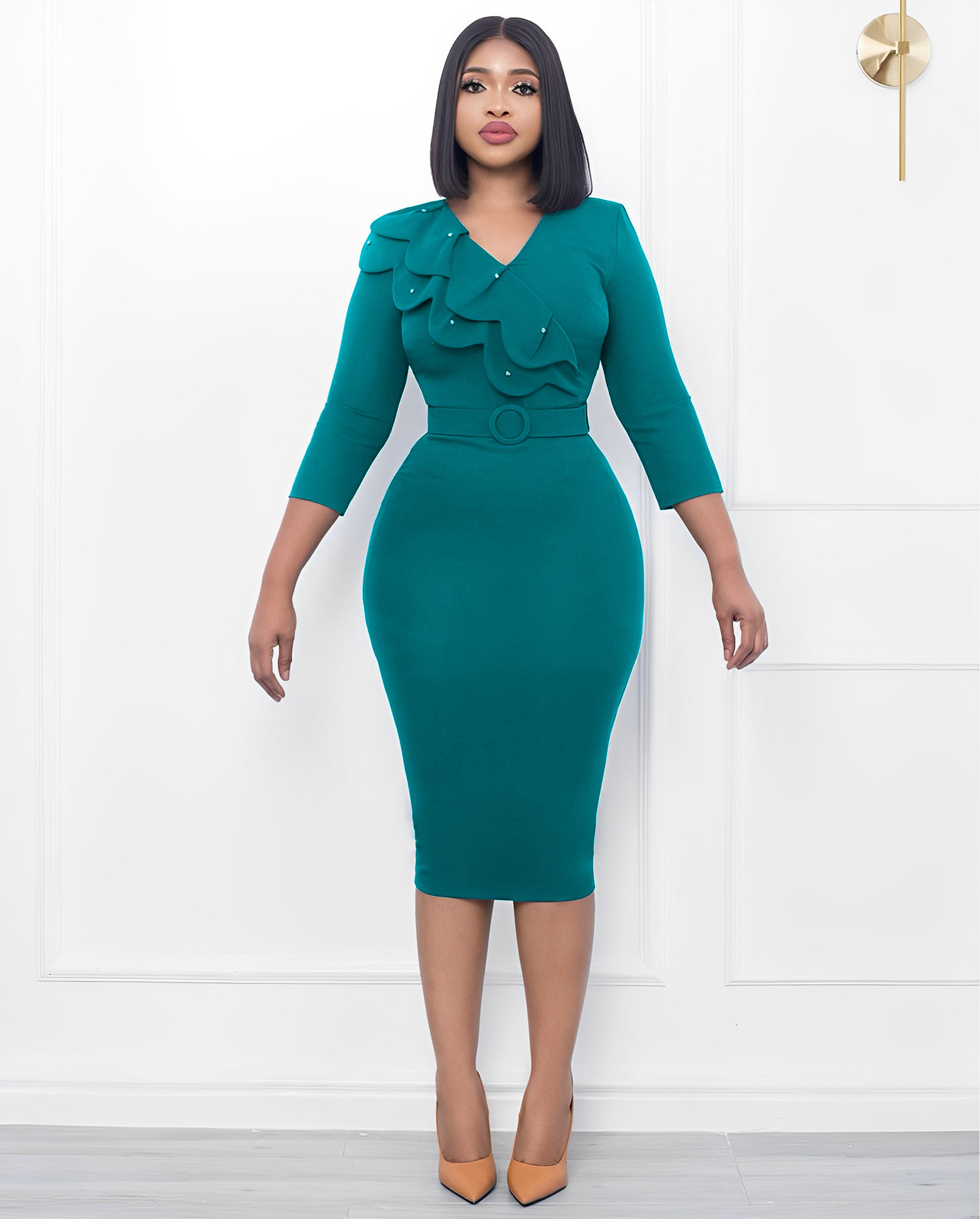 Party Dresses Autumn And Winter Fashion Women's Solid V-Neck Long Sleeve Pencil Elegant Fitted 230211