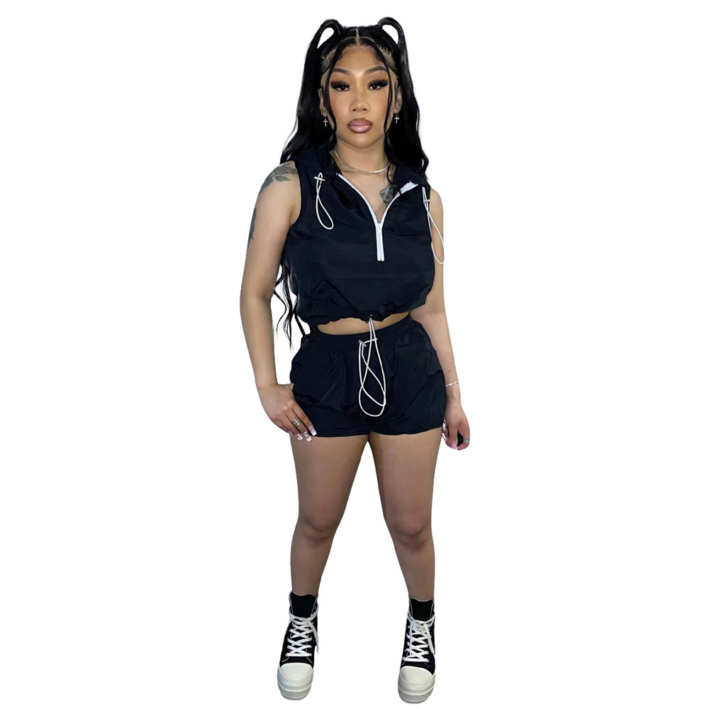 2023 Designer Summer Outfits Women tracksuits Two Piece Set Casual Sleeveless Hooded Shirt Top and Shorts Solid Spring Clothes Fashion Streetwear 9248