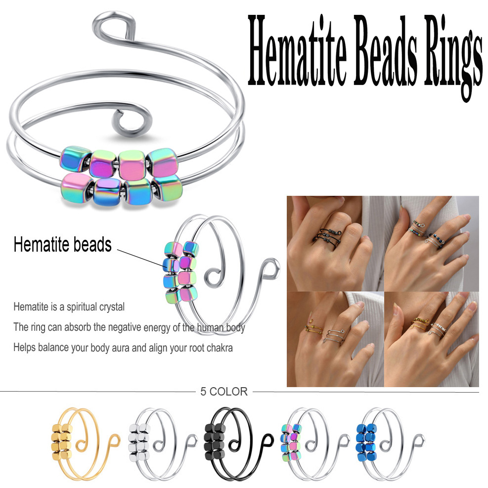 Hematite Beads Adjustable Rings for Women Men Gauss Magnet Rotating Ring Titanium Steel Relieve Stress Magnetic Couple Jewelry