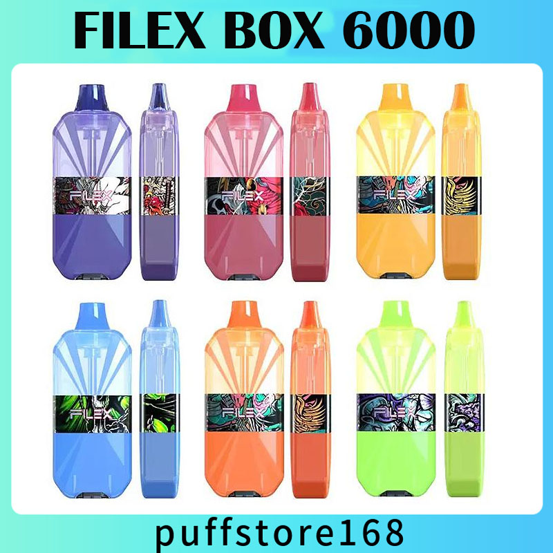 Authentic Filex Box Disposable E cigarettes 6000 Puffs Vape Pen 850mAh Rechargeable Battery 15ml Mesh Coil Pre-filled Vaporizer AirFlow Pods Device max box air bar
Authentic Filex Box Disposable E cigarettes 6000 Puffs Vape Pen 850mAh Rechargeable Battery 15ml Mesh Coil Pre-filled Vaporizer AirFlow Pods Device max box air bar