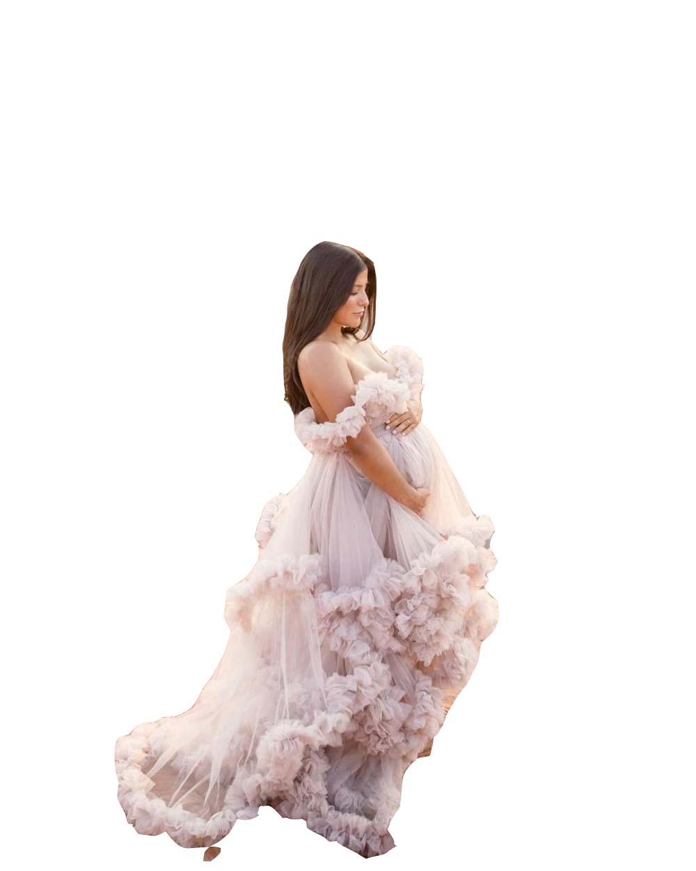 2023 Prom Dresses Ruffles Tulle Kimono Women Robe for Photoshoot Off Shoulder Evening Gowns African Cape Cloak Maternity Dress Photography Tiered Floo