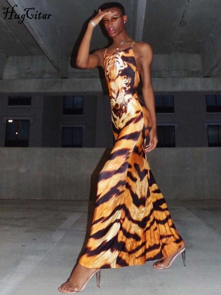 Party Dresses Hugcitar Tiger Print Sleeveless Backless Bandage Slips Maxi Dress Sexy Bodycon Summer Fashion Clothes Streetwear Party Wholesale T230210