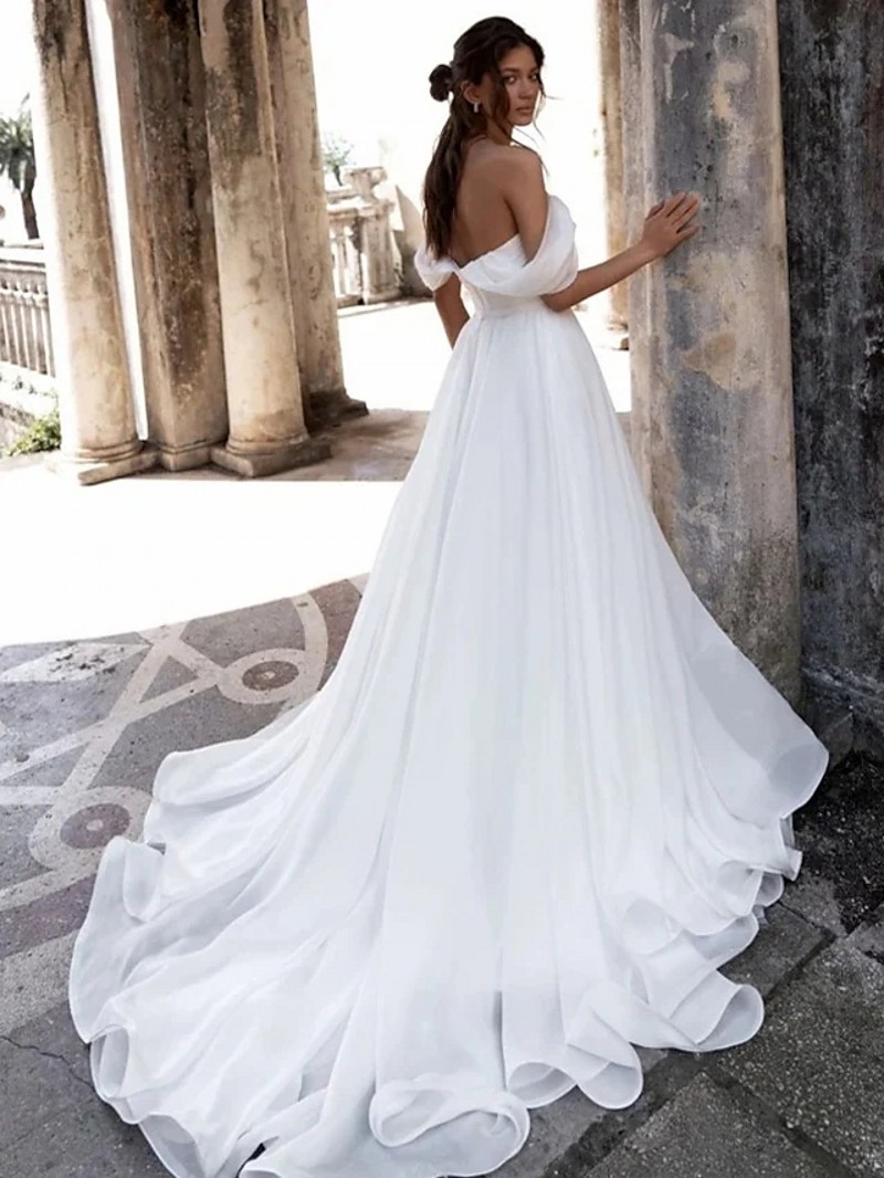Beach Casual Wedding Dress A-Line Sleeveless Off Shoulder Beading Slit Organza Bridal Gown Vestidos De Novia Custom Made Robe De Mariage