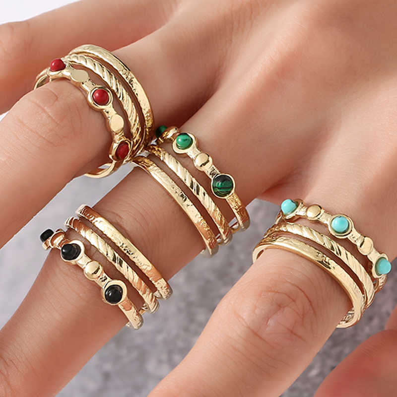 Band Rings Bohemian Turquoise Wide Opening Rings Gold Plated Stainless Steel Ring for Woman Hollow Multilayer Inlaid Finger Rings Jewelry G230213