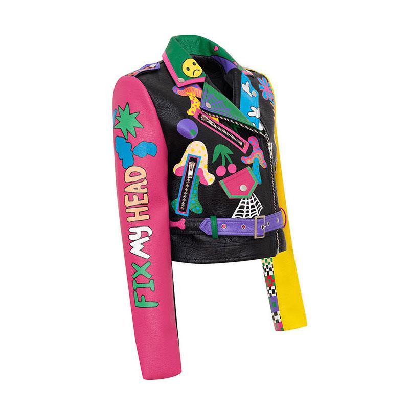 Women's Jackets Women Club Style Graffiti Pattern Pu Leather Jacket For Fire And Rainbow Print Woman Motorcycle Short Outwear