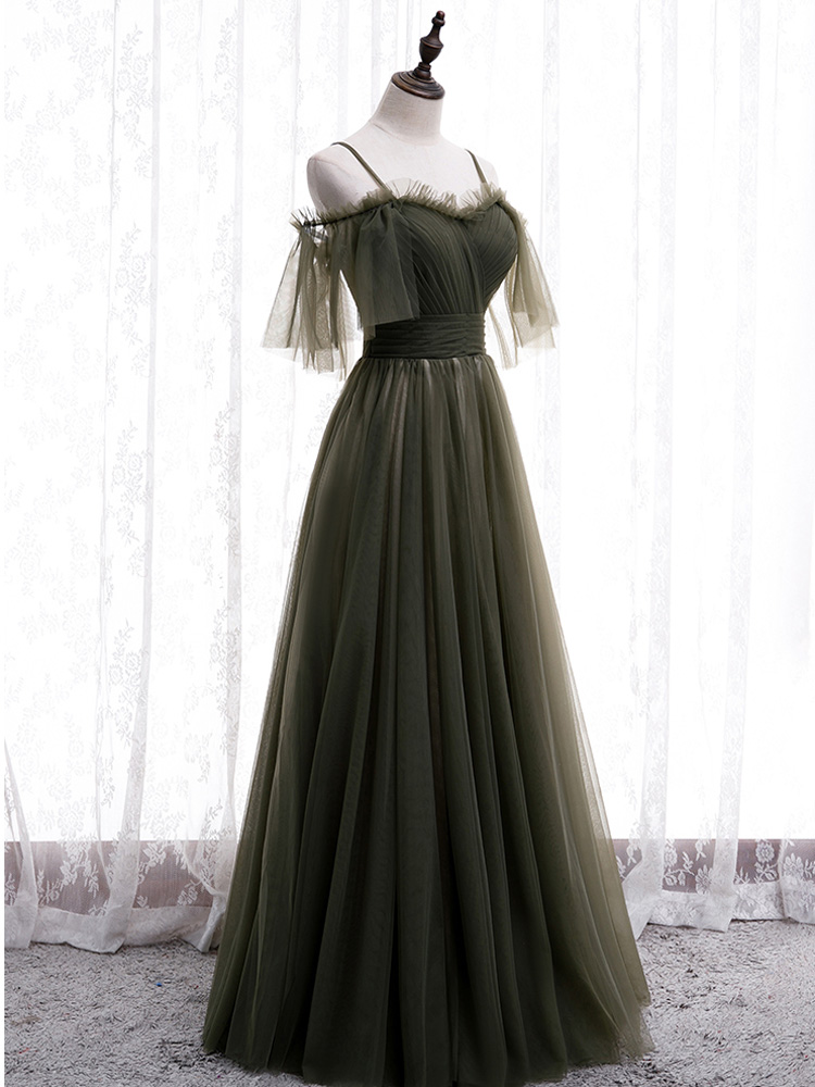 Evening Dress Spaghetti Straps Olive Tulle Short Sleeves Floor Length Custom Handmade Bridesmaid Formal Evening Dress Womens Prom Party Dresses