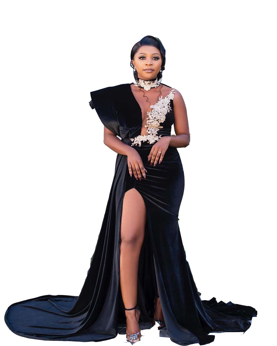 2023 Black Long Mermaid Prom Dresses Velvet High Neck Plus Size Illusion Lace Appliques Crystal Beads Side Split Formal Party Gowns Evening Dress Vest