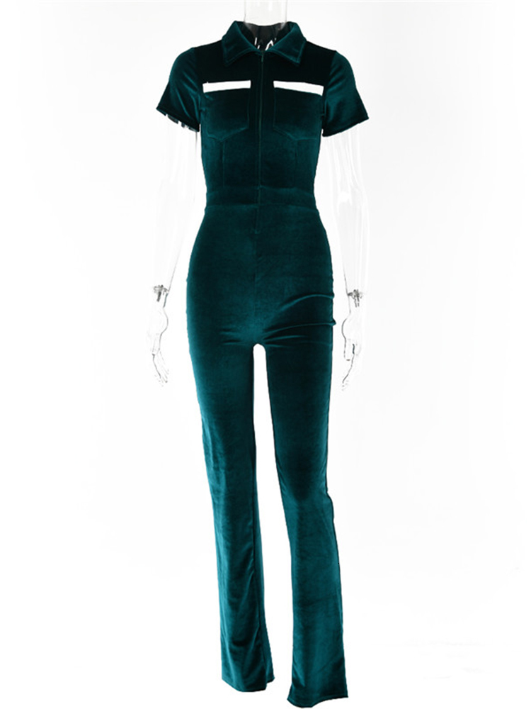 Womens Jumpsuits Rompers Sibybo Green Zipper Velvet Jumpsuits For Women Short Sleeve Wide Legs Jumpsuit Autumn Femme Turndown Collar Sexy Outfits 2302
