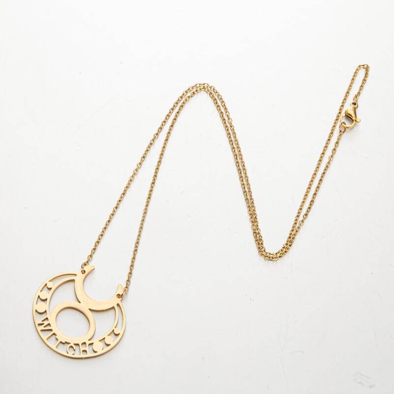WITCH Letter The God Sign Symbol Necklace Stainless Steel Korean Minimalist Cute Hecate Moon Shape Pendant Choker Collier for Women