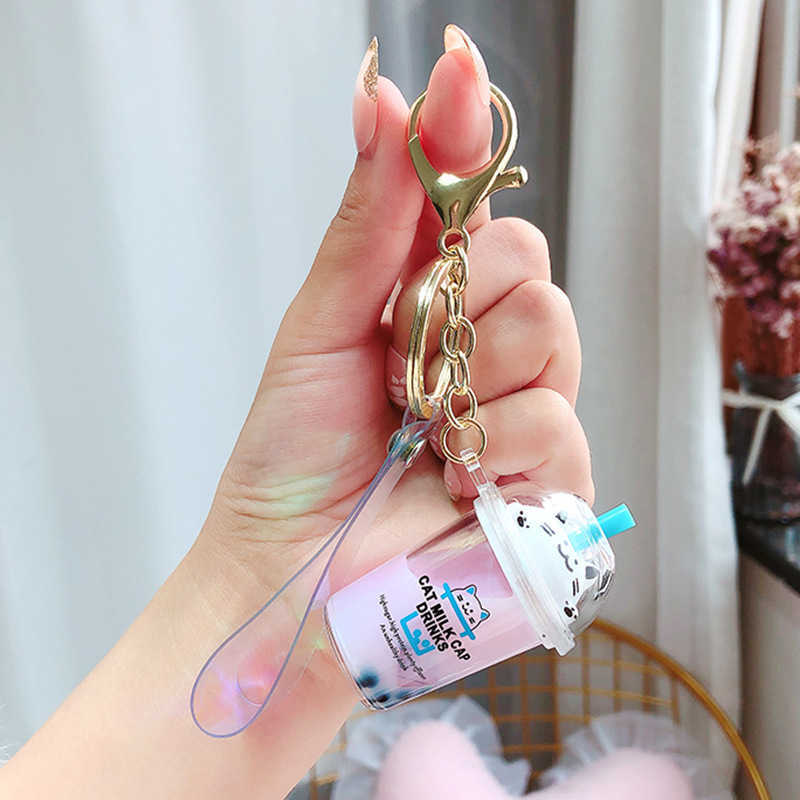 Key Rings Cartoon Cute Cat Keychain Milk Tea Cup Liquid Quicksand Sequin Key Ring Charm Bag Car Pendant Key Chain for Women Men Kids G230210