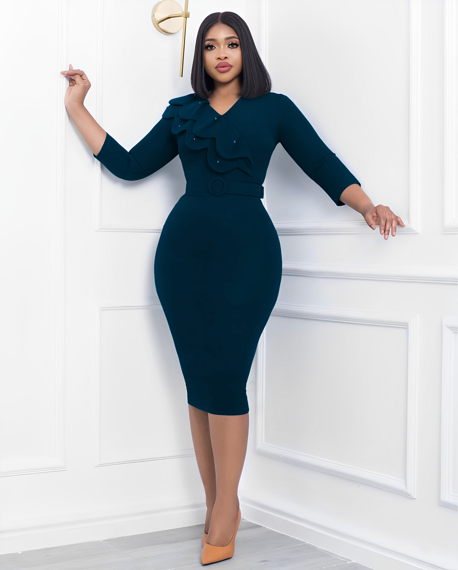 Party Dresses Autumn And Winter Fashion Women's Solid V-Neck Long Sleeve Pencil Elegant Fitted 230211