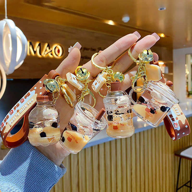 Key Rings Cartoon Into Oild Pearl Milk Tea Bear Floating Liquid Keychain For Girl Bag Pendant Cute Mug Drink Bottle Keyring Key Charm Gift G230210