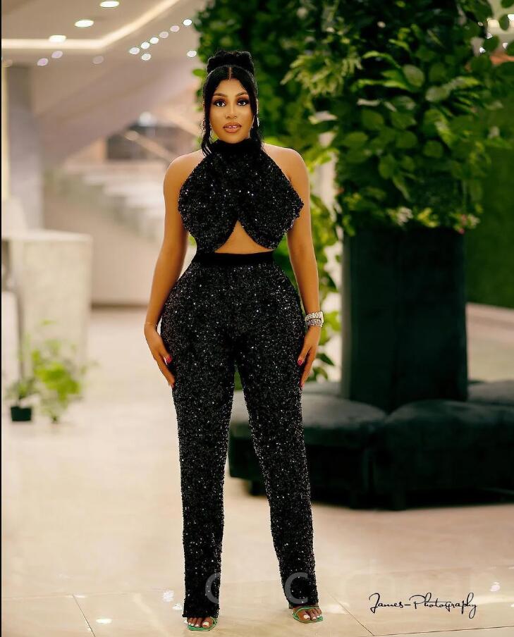Arabic Aso Ebi Black Jumpsuits Prom Dresses Backless Gillter Sequined Lace Evening Engagement Occasion Gown Pant Suit