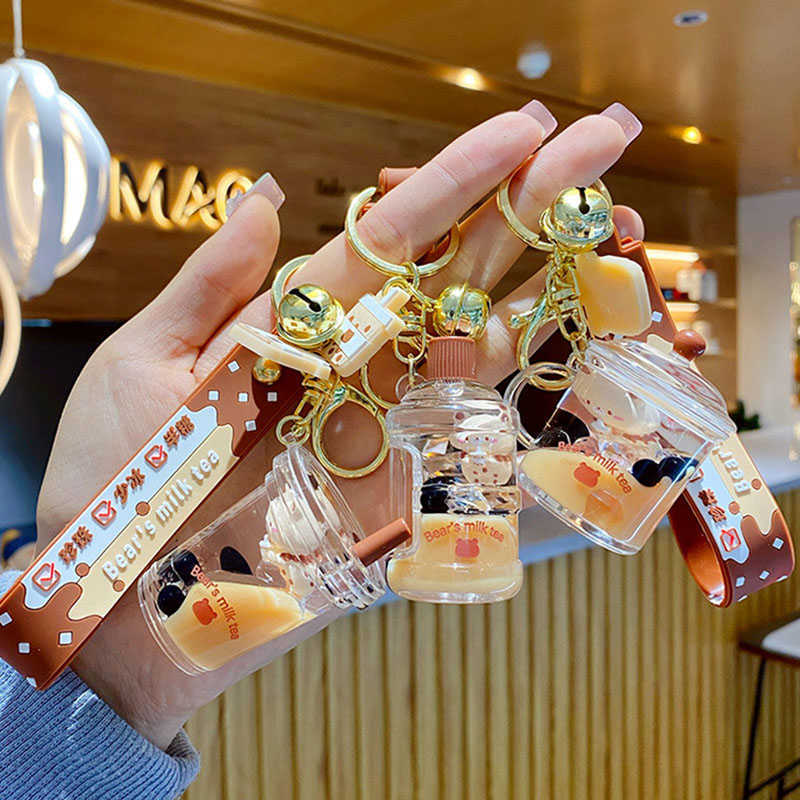 Key Rings Cartoon Into Oild Pearl Milk Tea Bear Floating Liquid Keychain For Girl Bag Pendant Cute Mug Drink Bottle Keyring Key Charm Gift G230210