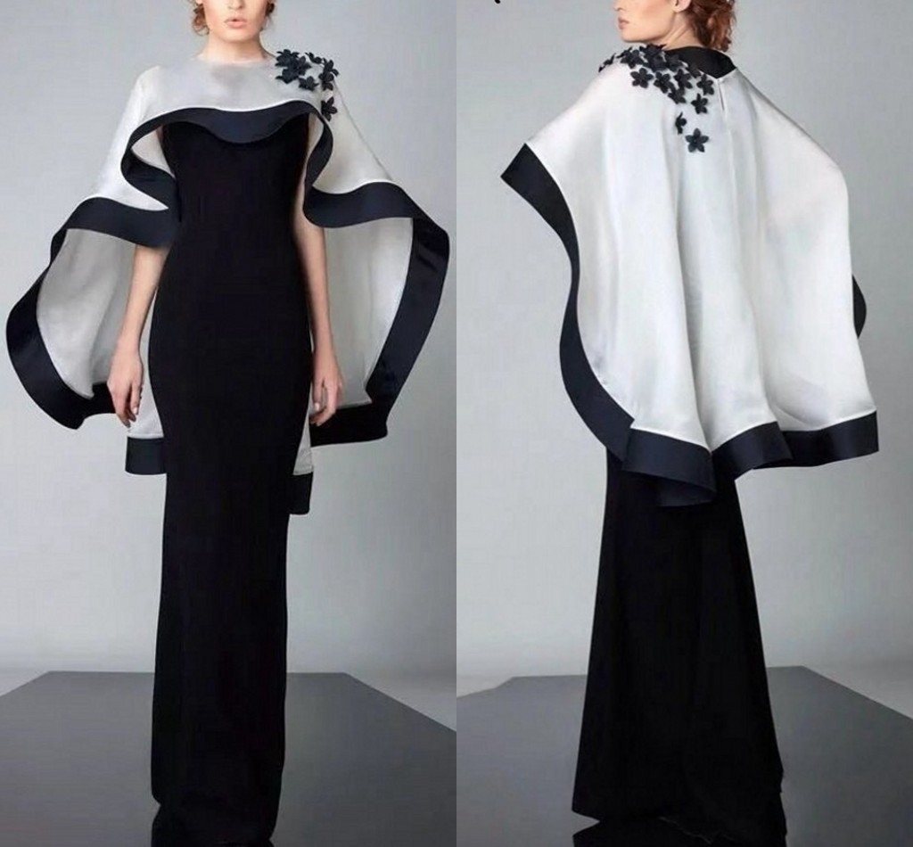 Elegant Black Mermaid Evening Dresses with Cape O-neck Flowers Satin Long Prom Formal Gown Robe de Soiree 2023 New