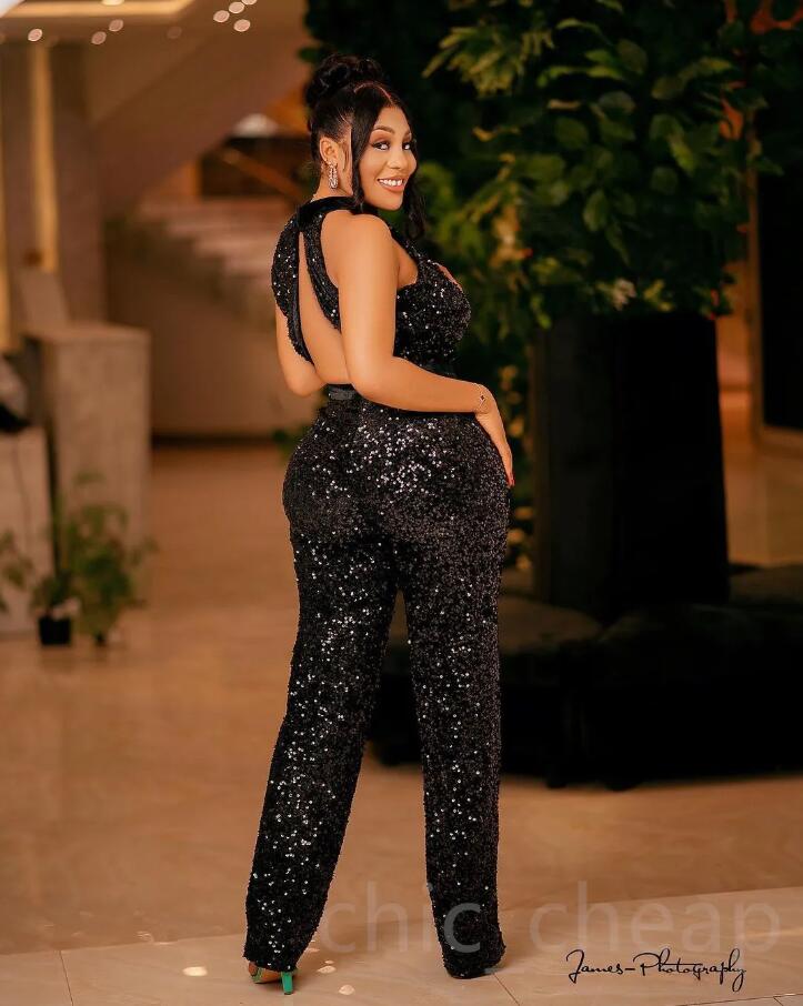 Arabic Aso Ebi Black Jumpsuits Prom Dresses Backless Gillter Sequined Lace Evening Engagement Occasion Gown Pant Suit