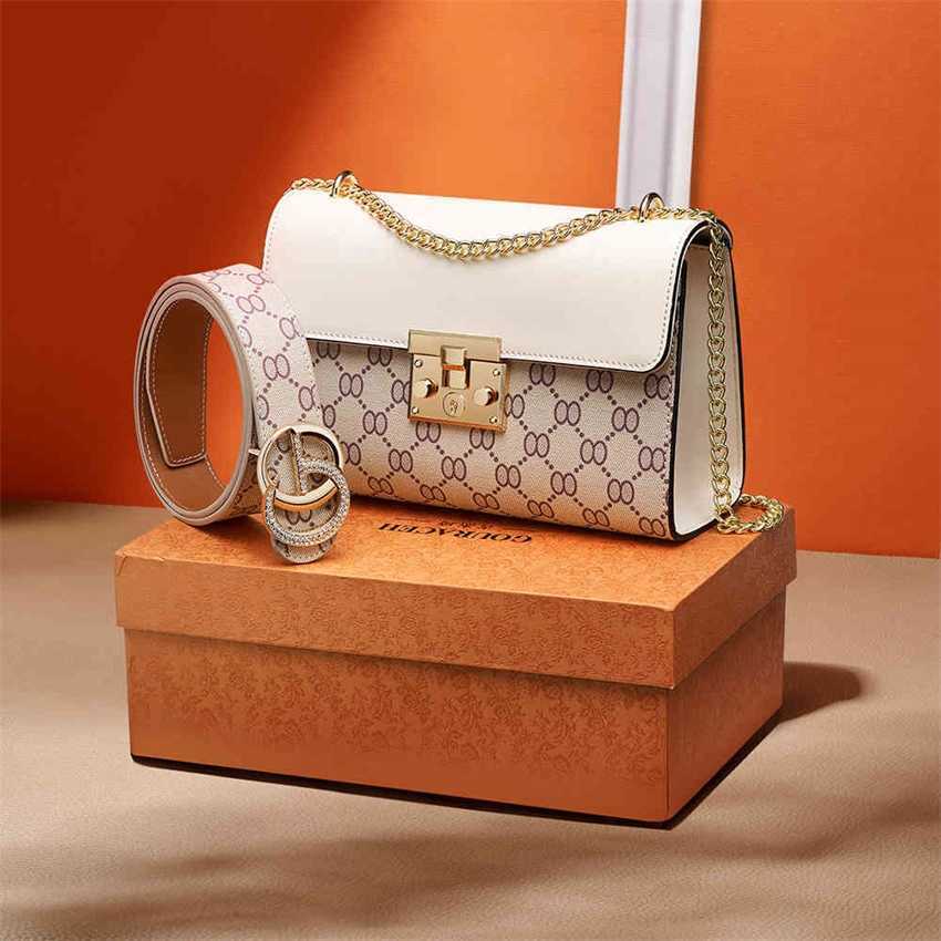 

50% Off Outlet Online sale exclusive Leather women's bag fashion printed chain lock small square simple messenger live broadcast, Beige bag