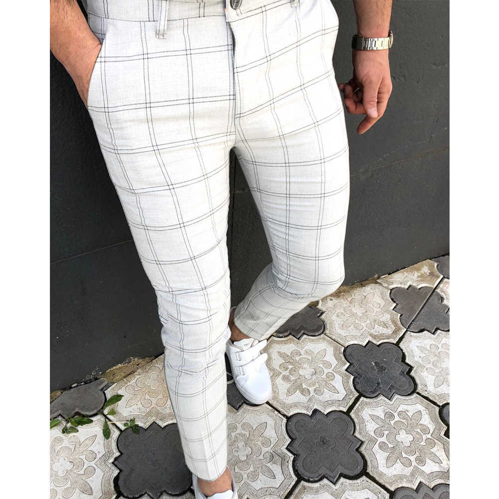 Men's Pants Fashion Plaid Print Mens Slim Casual Spring Summer Skinny Pencil Mid Waist Trousers For Men Clothes Streetwear Y2302