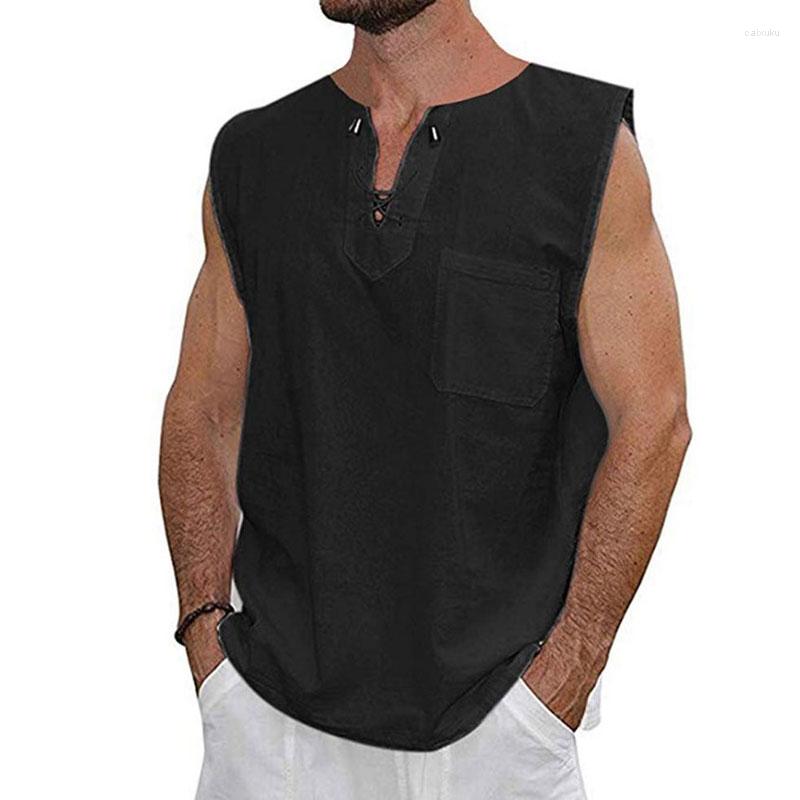 Men039s Tank Tops Male Summer Mens Cotton Linen T Shirt Sleeveless Henley Casual Loose Tee Breathable Soft Tshirts5133100