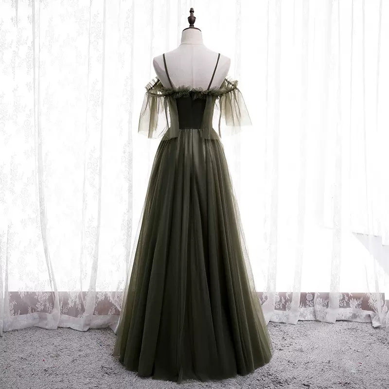 Evening Dress Spaghetti Straps Olive Tulle Short Sleeves Floor Length Custom Handmade Bridesmaid Formal Evening Dress Womens Prom Party Dresses