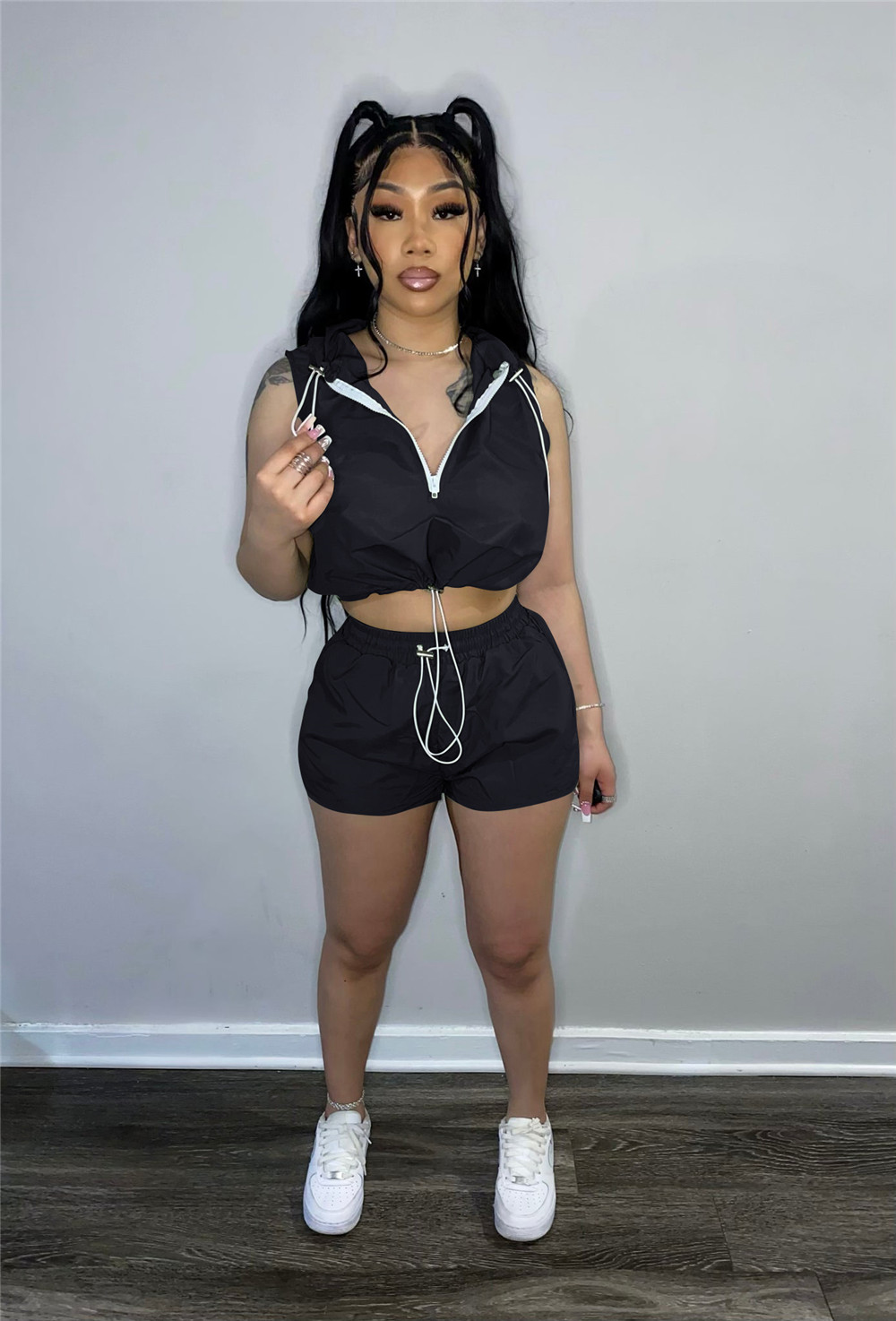 2023 Designer Summer Outfits Women tracksuits Two Piece Set Casual Sleeveless Hooded Shirt Top and Shorts Solid Spring Clothes Fashion Streetwear 9248