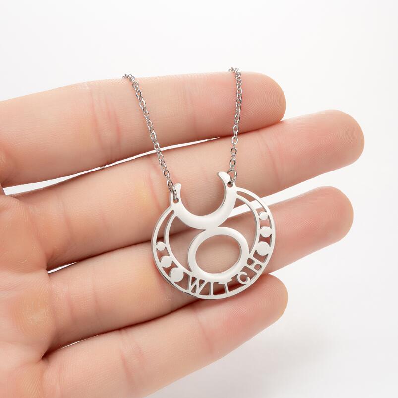 WITCH Letter The God Sign Symbol Necklace Stainless Steel Korean Minimalist Cute Hecate Moon Shape Pendant Choker Collier for Women