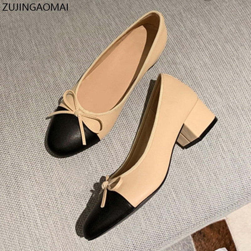 Bow Ballet High Heels Shoes Woman Basic Pumps Fashion Two Tone Stitching Round Work Shoe Party Women Pump 220614