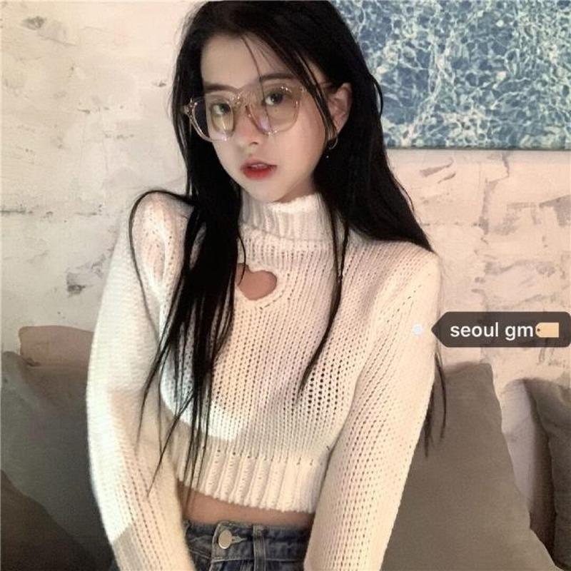 Womens Sweaters Pullovers Womens Knitted Hollow Out Turtleneck Sweet Cute Sexy Short Tops Slim Chic Ins Korean Style Ulzzang Fashion Sweate
