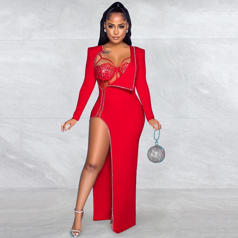 Casual Dresses Women 2 Piece Maxi Evening Party Dress Diamonds Lace Sheer Mesh Bustier Bodysuit Rhineston Full Sleeve High Split Long Robe, Red
Casual Dresses Women 2 Piece Maxi Evening Party Dress Diamonds Lace Sheer Mesh Bustier Bodysuit Rhineston Full Sleeve High Split Long Robe, Red