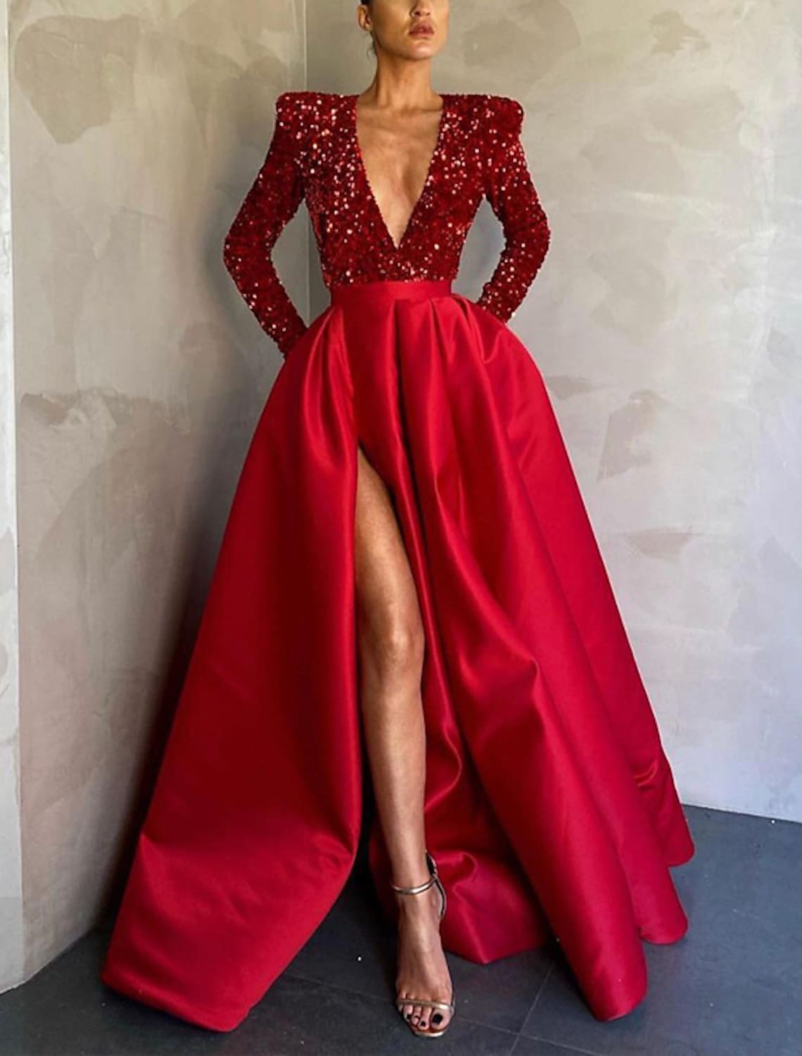 Dark Green Evening Party Dress Long Sleeve V Neck Satin Sequin Women Prom Formal Gown A-line Robe de Soiree 2023 Vestidos De Feast