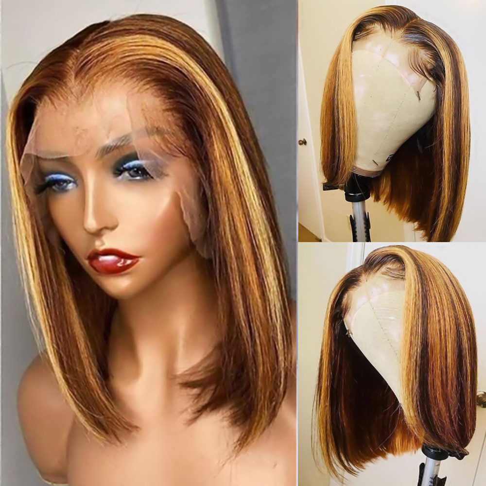 Free shipping Orange Ginger Straight Bob Transparent Lace Front Human Hair Wigs For Women Short Highlight Wig Synthetic