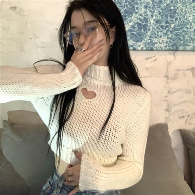 Womens Sweaters Pullovers Womens Knitted Hollow Out Turtleneck Sweet Cute Sexy Short Tops Slim Chic Ins Korean Style Ulzzang Fashion Sweate