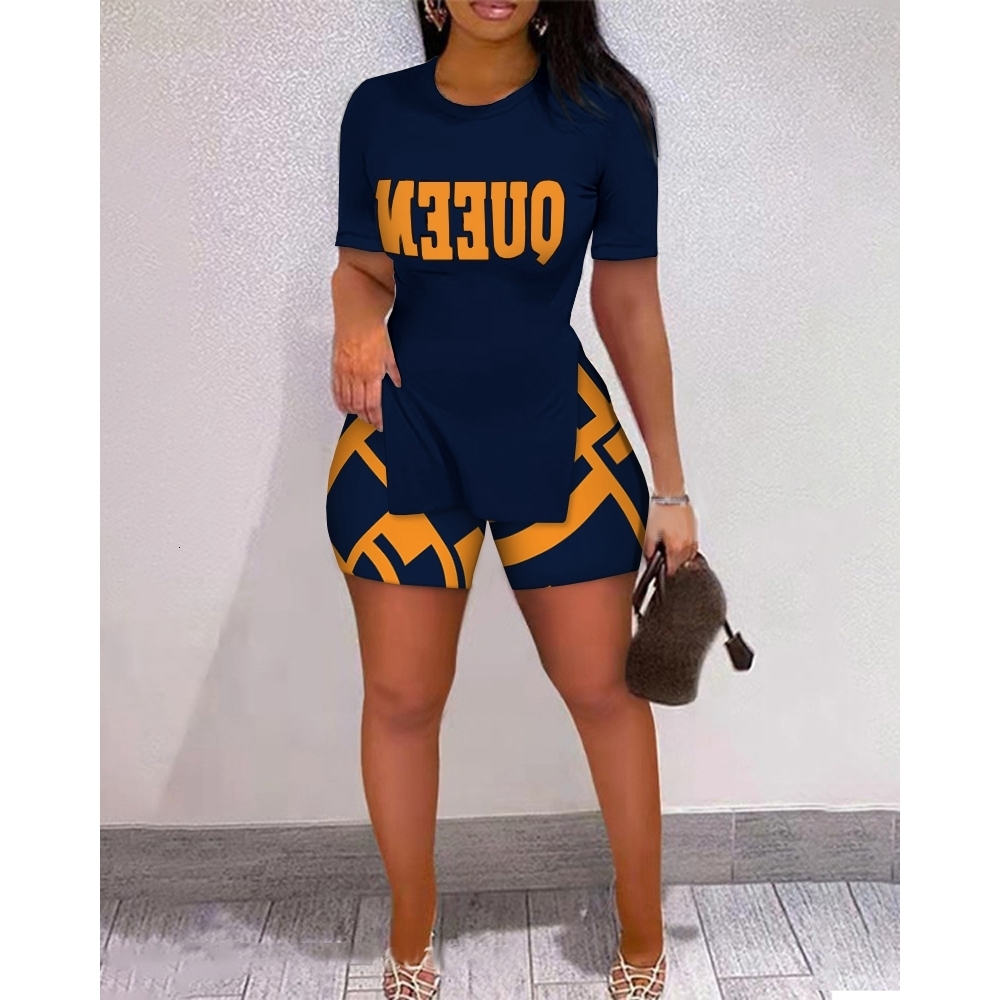Women's Two Piece Pants Women Letter Print Split Hem Top Colorblock Shorts Set Summer Fashion Femme Oneck Two Pieces Outfits Streetwear Set 23021