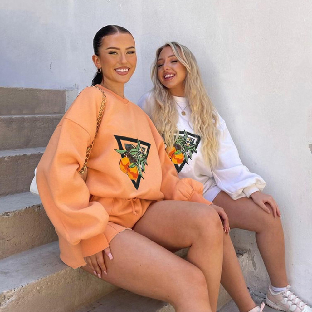 Women's Two Piece Pants Womens Tracksuits 2 Piece Set Summmer Autumn printing loose casual Sweatshirt Sporting Shorts Sweat Outfit Solid Color Se