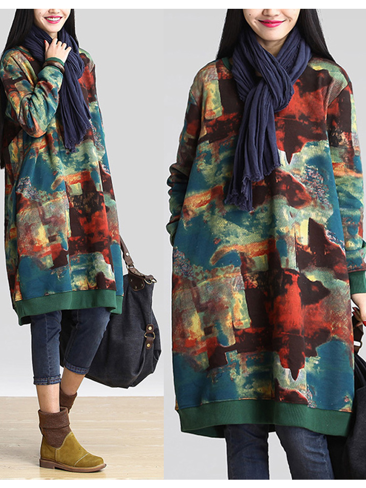 Casual Dresses Autumn Winter Women Dress Oversized ONeck Thick Velvet Outwear Graffiti Print Woolen Hoodies Plush Midi 230214