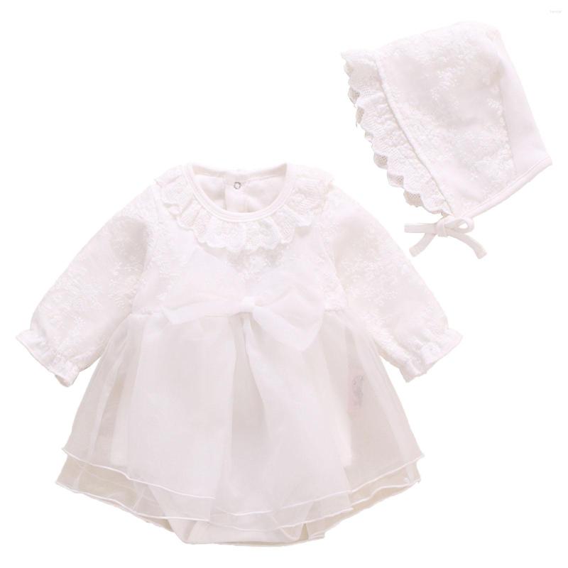

Girl Dresses Baby Girls Long Sleeve Round Neckline Ruffle Lace Bowknot Decorated Solid Color Lovely Dress With Lace-up Straps Hat, White