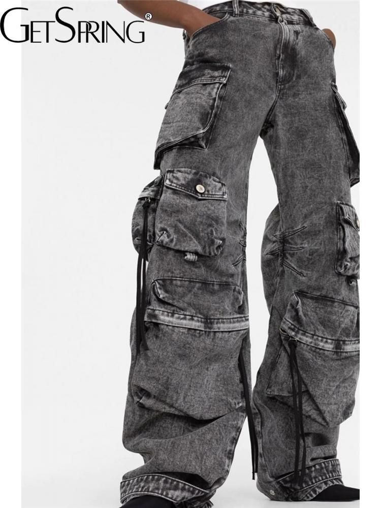 Women's Jeans GetSpring Women Denim Pants Autumn Winter Multi pocket Wide Leg Jeans Fashion Loose Leisure Long Denim Trousers Arrvial 230214
