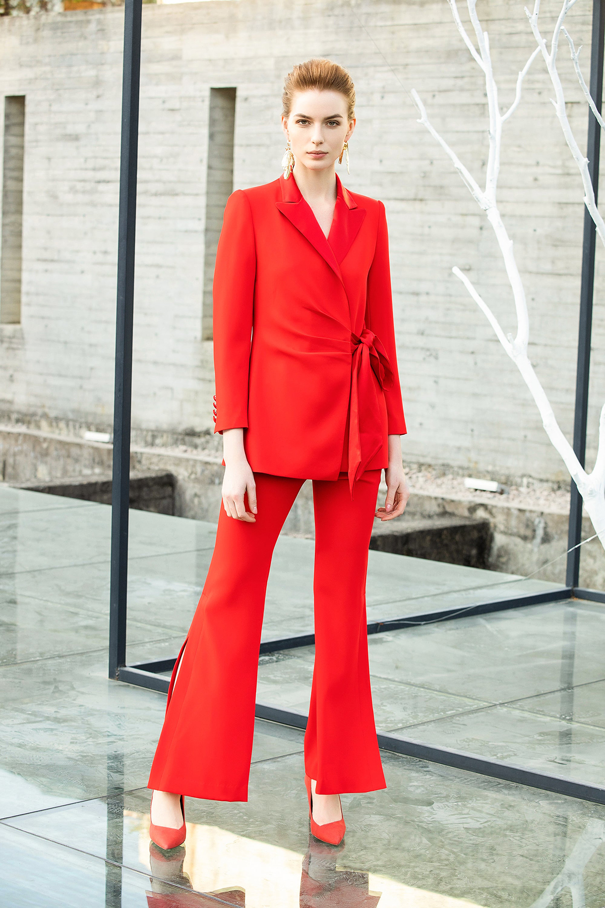 Bright Red Tailored Women Pants Suits Spring Prom Party Wear Blazer For Wedding Loose Trousers 2 Pieces