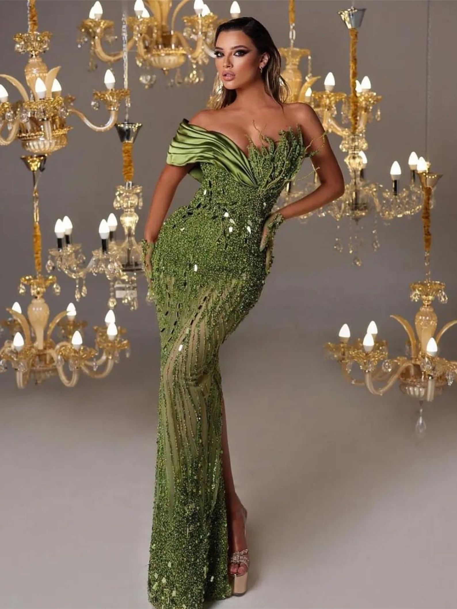 Beads Mermaid Prom Dresses Sexy Crystal Green Tailor Made One Shoulder Evening Gowns High Thigh Split Robe De Mariee