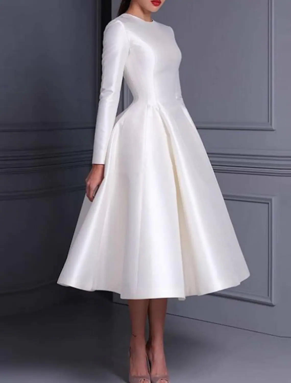 Simple White Evening Party Dress Tea Length Jewel Neck Satin Long Sleeves Women Prom Formal Gown Robe de Soiree 2023 Vestidos