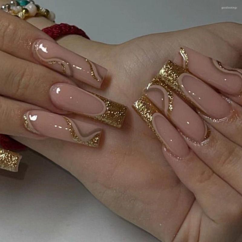 False Nails 24pcs French Manicure Full Cover Nail Tips Fake Gold Glitter Wavy Line Pattern Long Ballerina
False Nails 24pcs French Manicure Full Cover Nail Tips Fake Gold Glitter Wavy Line Pattern Long Ballerina