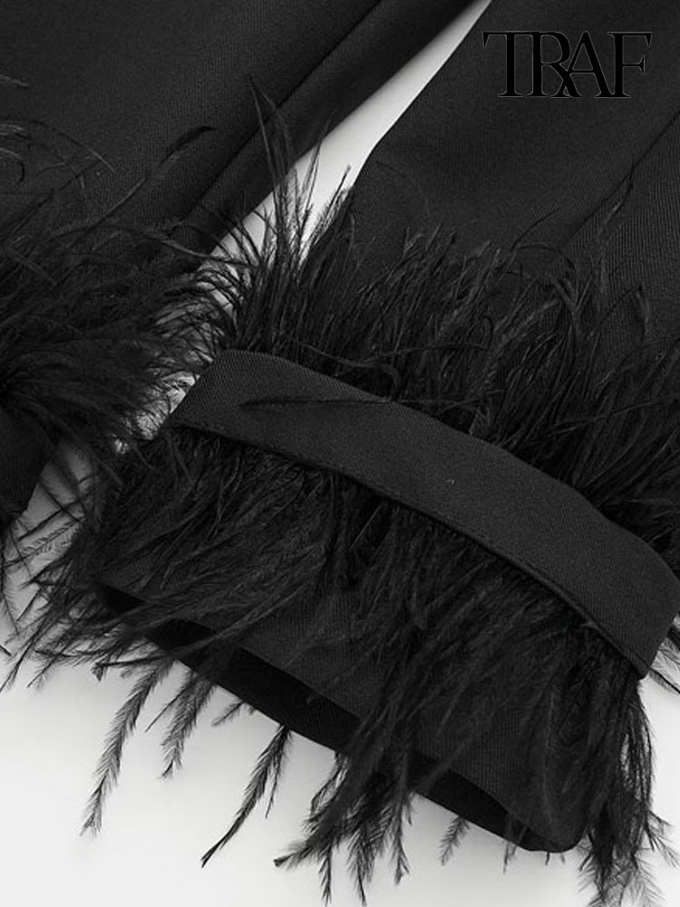 Women's Suits Blazers TRAF Women Fashion With Feathers Front Button Blazer Coat Vintage Long Sleeve Flap Pockets Female Outerwear Chic Vestes 230