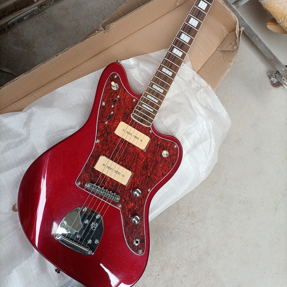 6 Strings Metal Red Electric Guitar with P 90 Pickups Rosewood Fretboard Customizable