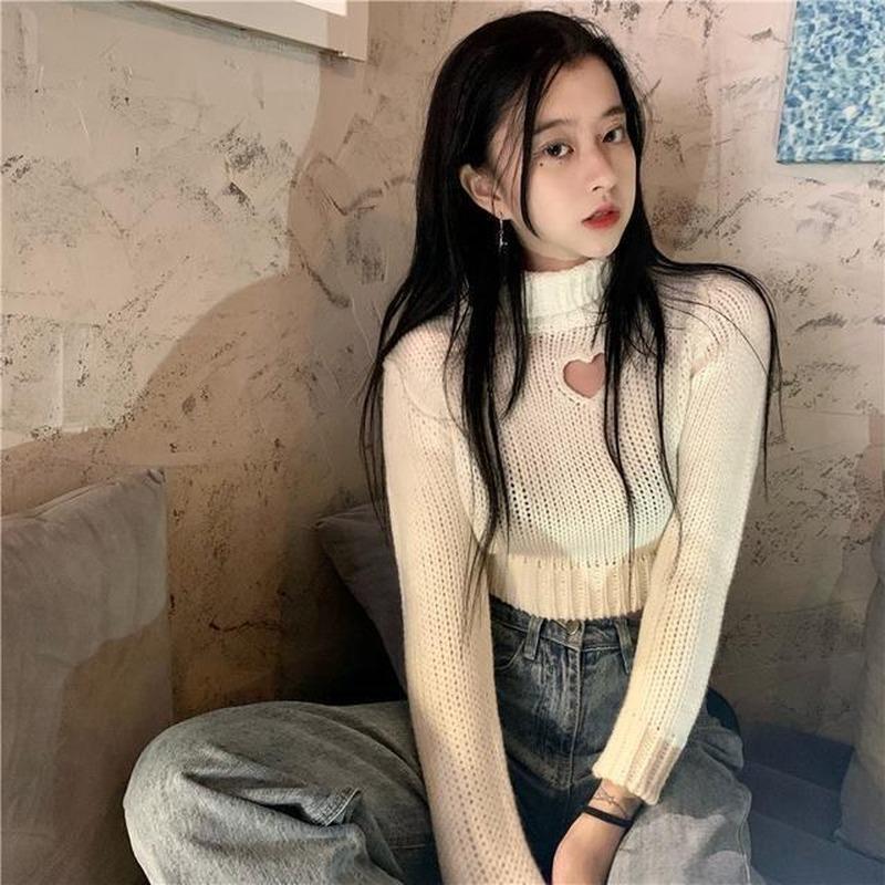 Womens Sweaters Pullovers Womens Knitted Hollow Out Turtleneck Sweet Cute Sexy Short Tops Slim Chic Ins Korean Style Ulzzang Fashion Sweate