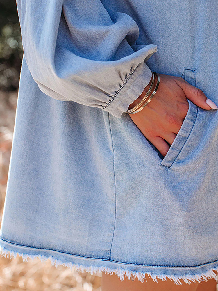 Casual Dresses Denim Shirt Women TurnDown Collar Long Sleeve Female Fashion Single Breasted Loose With Pockets 230214
