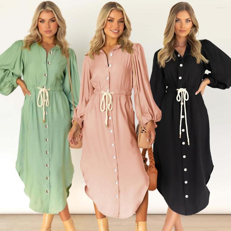 Casual Dresses Autumn Dress Women V-neck Lantern Sleeve Elegant Shirt Drawstring Waist Single Breasted Irregular Long, Green
Casual Dresses Autumn Dress Women V-neck Lantern Sleeve Elegant Shirt Drawstring Waist Single Breasted Irregular Long, Green