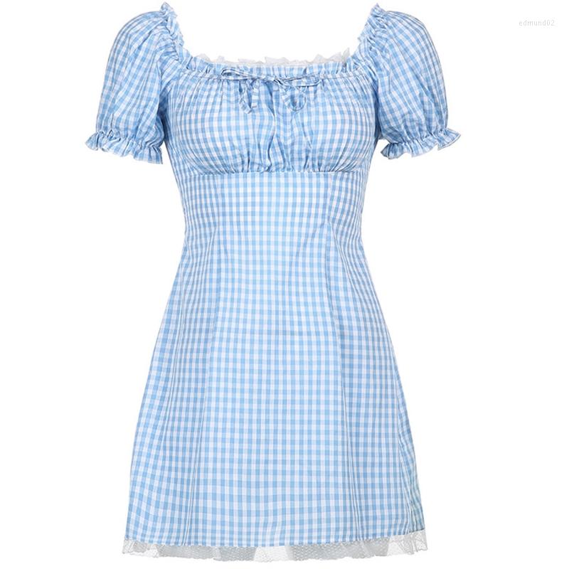 Casual Dresses Female Puff Sleeve Frill Dress Ruched Lace Up Blue Plaid, Picture shown
Casual Dresses Female Puff Sleeve Frill Dress Ruched Lace Up Blue Plaid, Picture shown