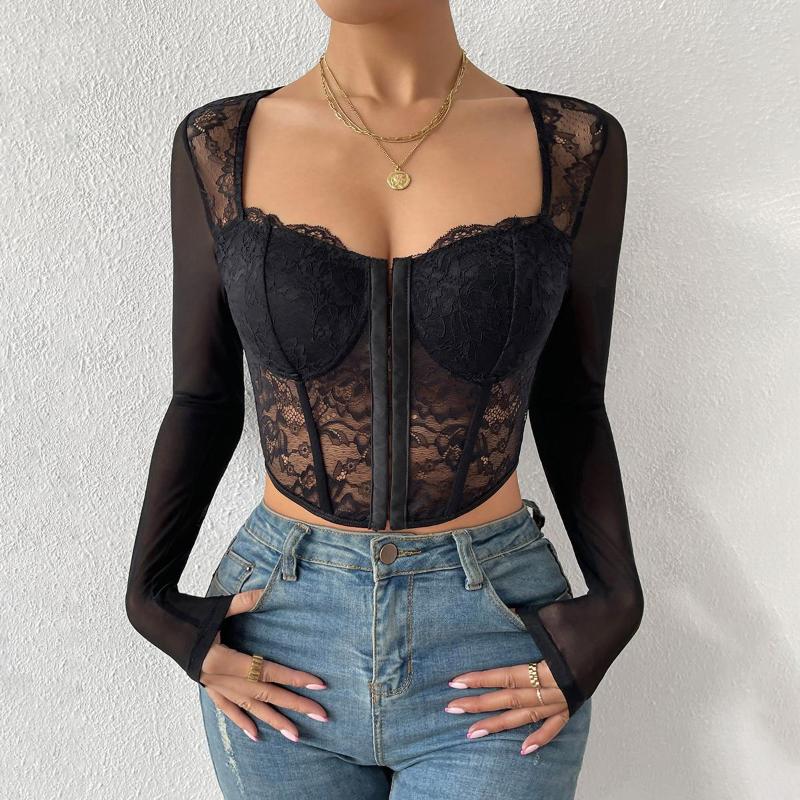 Women' T Shirts Women Crop Top Long Sleeve Square Neck See-through Lace Patchwork Ladies Tops For Club Party, Black
Women' T Shirts Women Crop Top Long Sleeve Square Neck See-through Lace Patchwork Ladies Tops For Club Party, Black