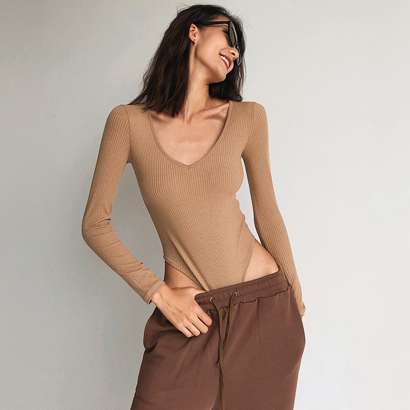 Womens Jumpsuits Rompers Women V Neck Long Sleeve Ribbed Bodysuit 230214