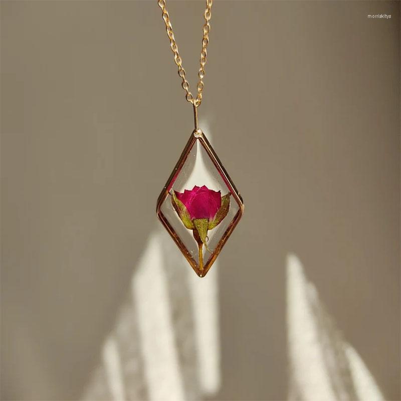 Pendant Necklaces Real Dried Rose Necklace Pressed Red Jewelry Flower Gifts